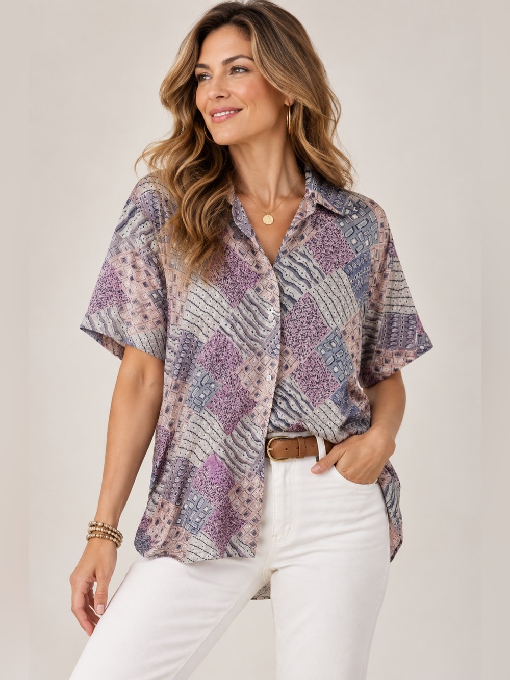 Bogari 100% Silk Vintage Abstract Patchwork Button Up Shirt Size S